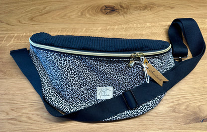 Bauchtasche Gr. L - Cord/Leopard - schwarz/beige